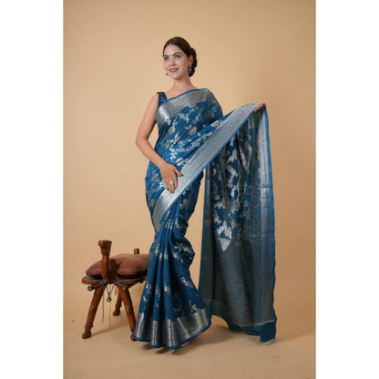 Isadora Life Womens Floral Zari Blue Pre-Draped Saree With Unstitched Blouse