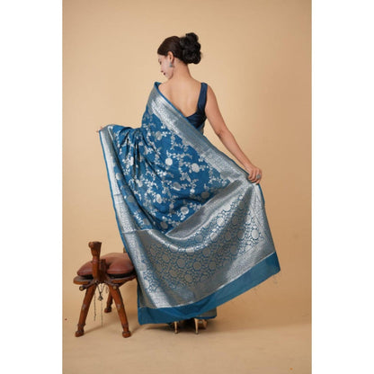 Isadora Life Womens Floral Zari Blue Pre-Draped Saree With Unstitched Blouse