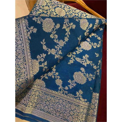 Isadora Life Womens Floral Zari Blue Pre-Draped Saree With Unstitched Blouse