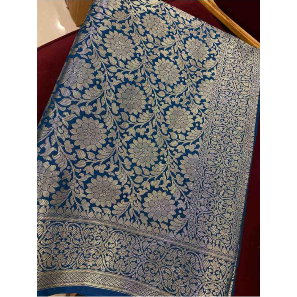 Isadora Life Womens Floral Zari Blue Pre-Draped Saree With Unstitched Blouse