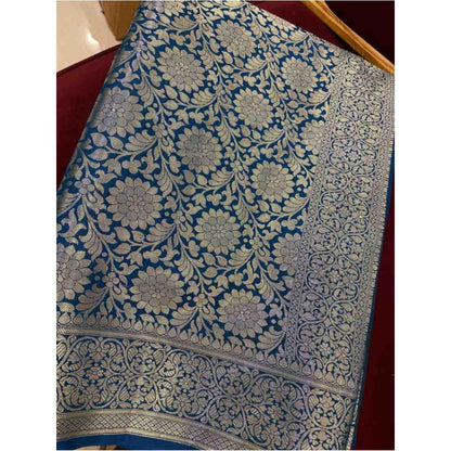 Isadora Life Womens Floral Zari Blue Pre-Draped Saree With Unstitched Blouse