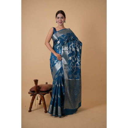 Isadora Life Womens Floral Zari Blue Pre-Draped Saree With Unstitched Blouse
