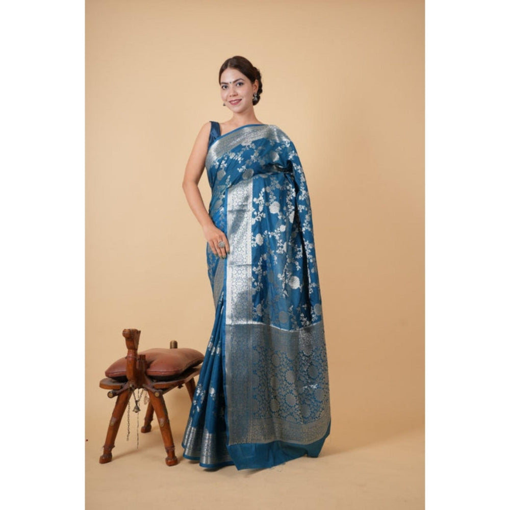 Isadora Life Womens Floral Zari Blue Pre-Draped Saree With Unstitched Blouse