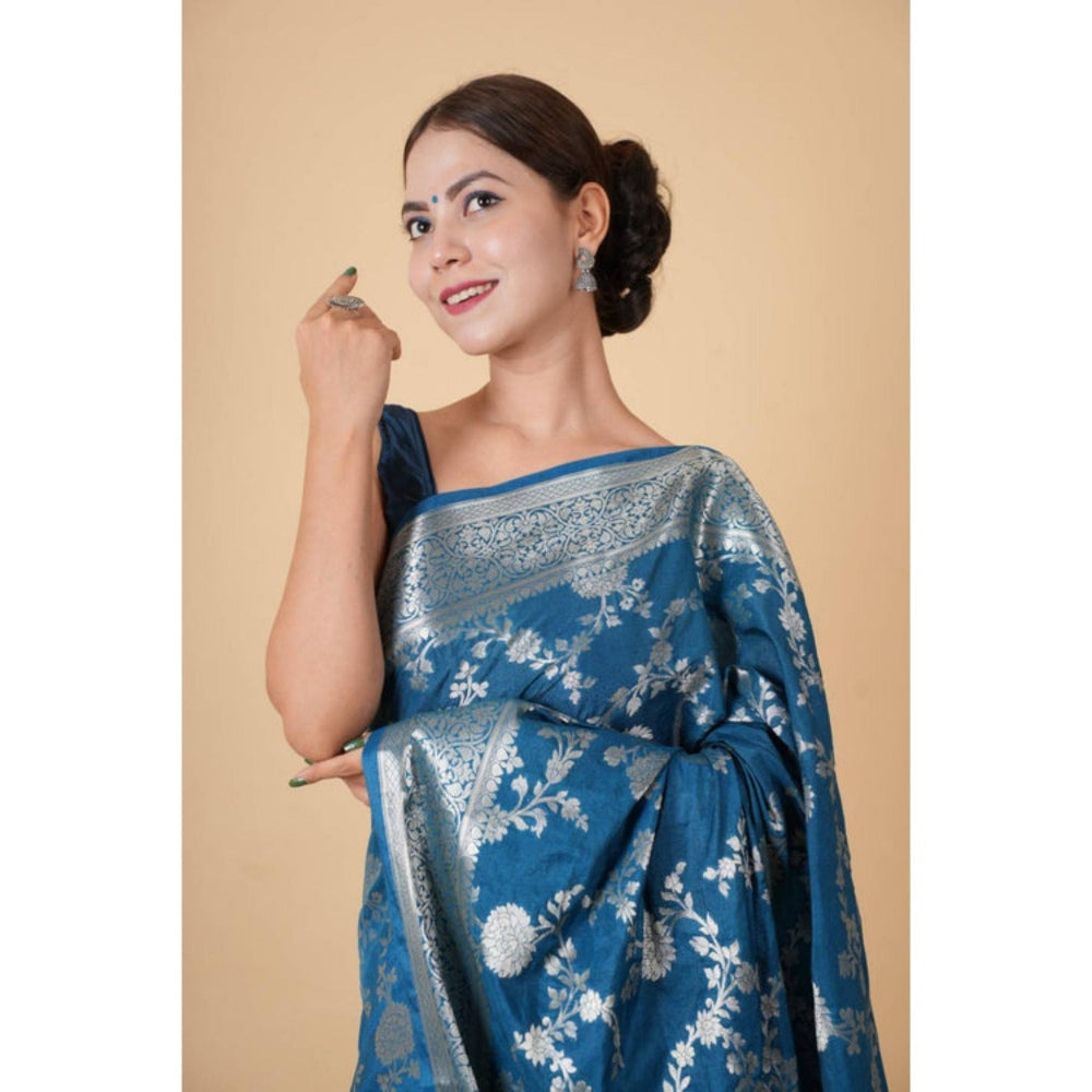 Isadora Life Womens Floral Zari Blue Pre-Draped Saree With Unstitched Blouse