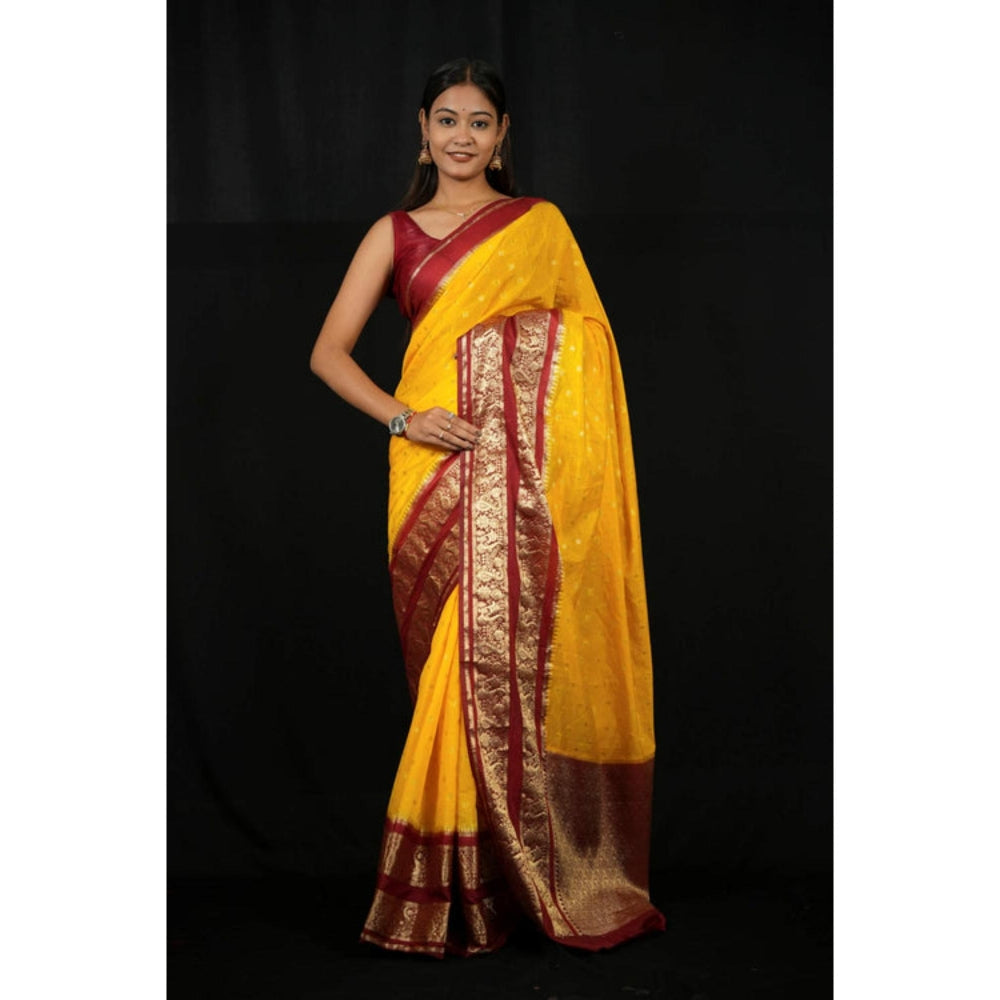 Isadora Life Womens Woven Zari Yellow Pre-Draped Saree With Unstitched Blouse