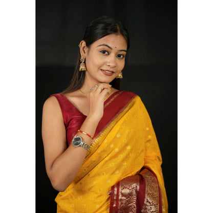 Isadora Life Womens Woven Zari Yellow Pre-Draped Saree With Unstitched Blouse