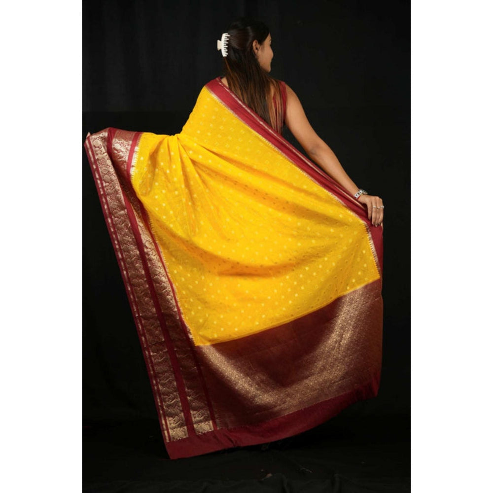 Isadora Life Womens Woven Zari Yellow Pre-Draped Saree With Unstitched Blouse