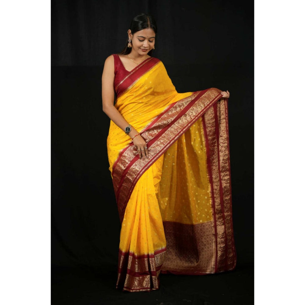 Isadora Life Womens Woven Zari Yellow Pre-Draped Saree With Unstitched Blouse