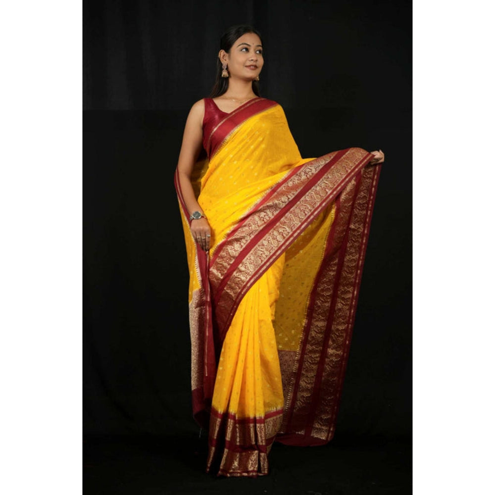 Isadora Life Womens Woven Zari Yellow Pre-Draped Saree With Unstitched Blouse