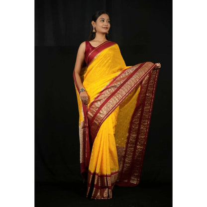 Isadora Life Womens Woven Zari Yellow Pre-Draped Saree With Unstitched Blouse