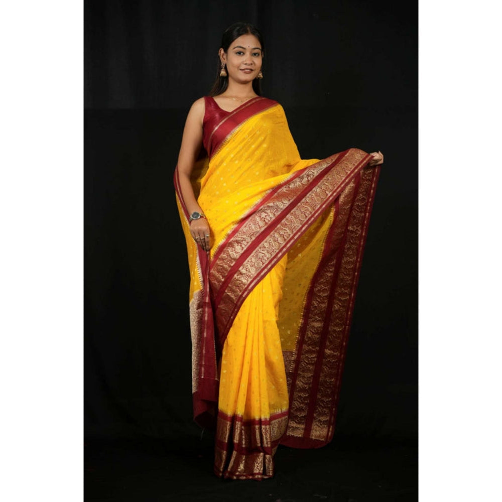 Isadora Life Womens Woven Zari Yellow Pre-Draped Saree With Unstitched Blouse
