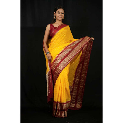 Isadora Life Womens Woven Zari Yellow Pre-Draped Saree With Unstitched Blouse