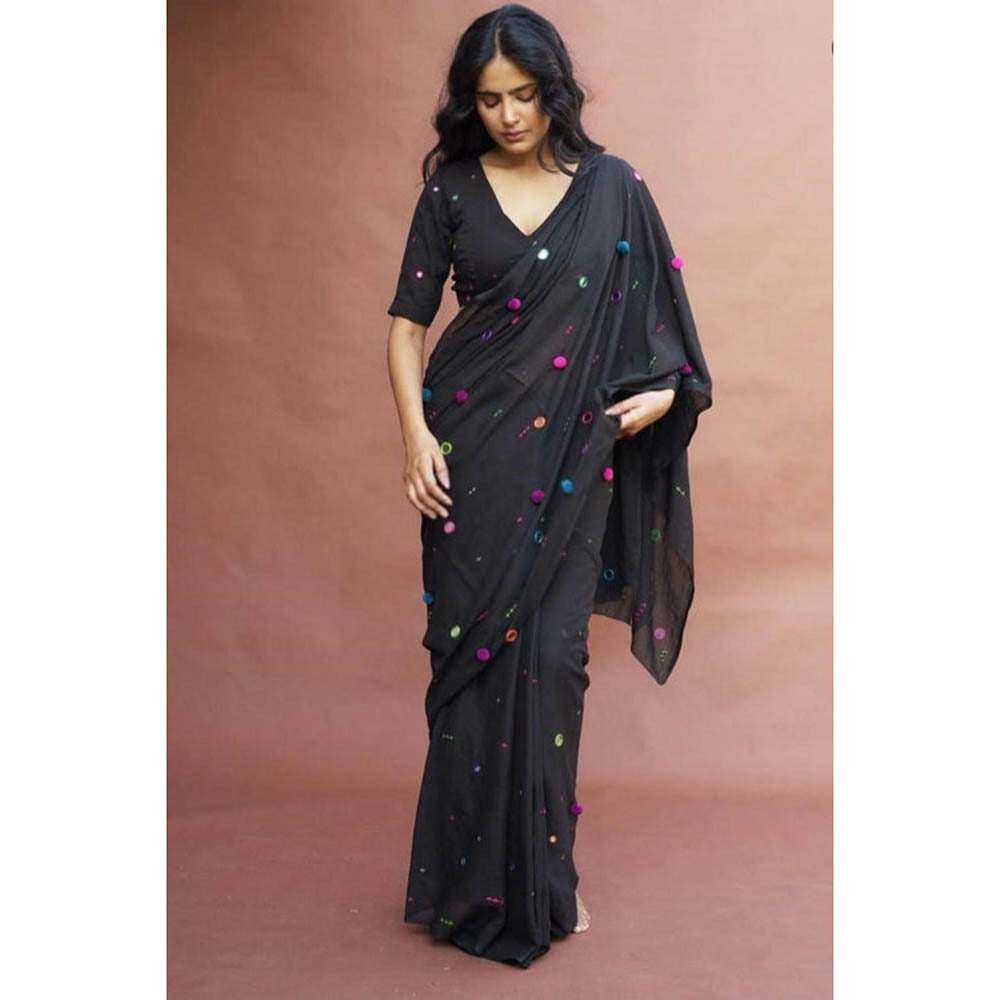 Isadora Life Womens Embroidered Mirror Work Black Pre-Draped Saree with Unstitched Blouse
