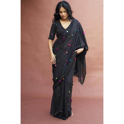 Isadora Life Womens Embroidered Mirror Work Black Pre-Draped Saree with Unstitched Blouse