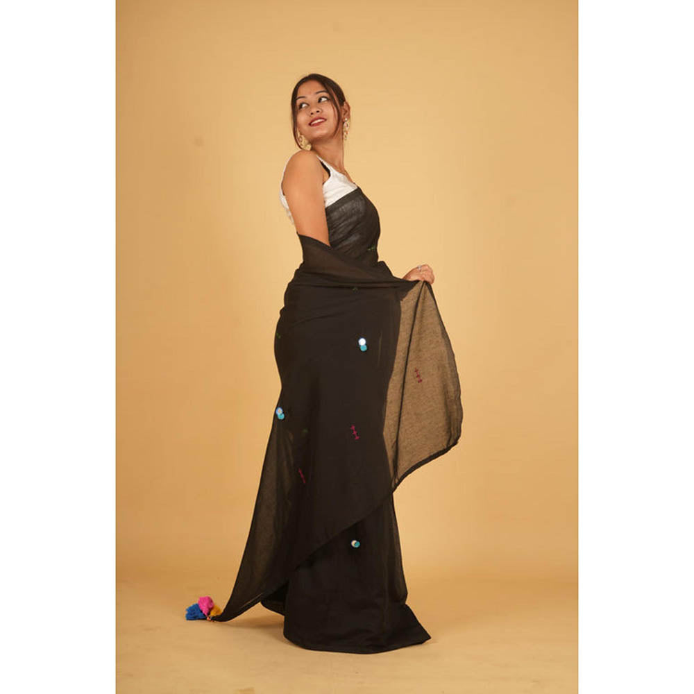 Isadora Life Womens Embroidered Mirror Work Black Pre-Draped Saree with Unstitched Blouse