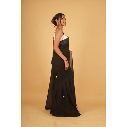 Isadora Life Womens Embroidered Mirror Work Black Pre-Draped Saree with Unstitched Blouse