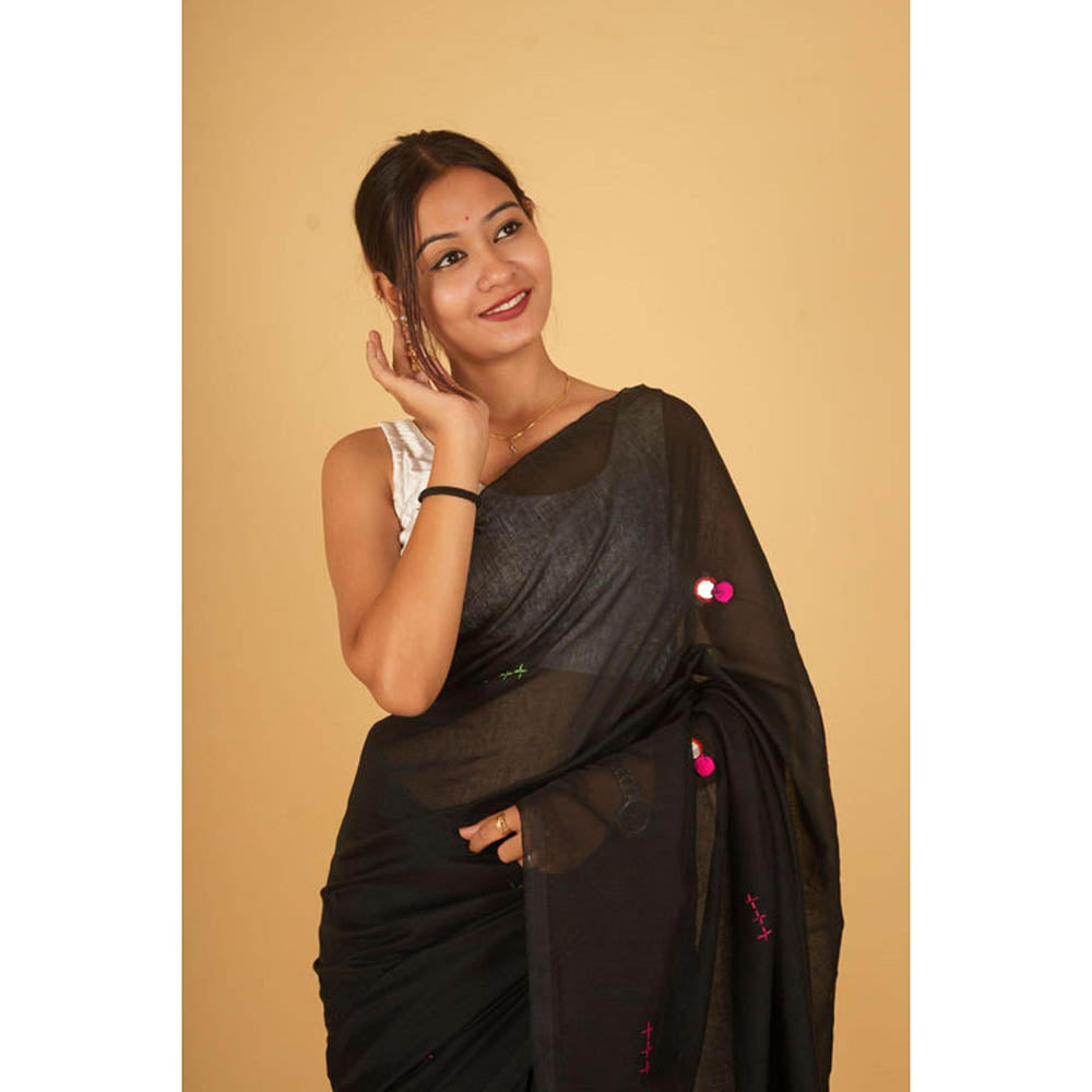 Isadora Life Womens Embroidered Mirror Work Black Pre-Draped Saree with Unstitched Blouse