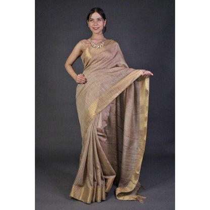 Isadora Life Womens Stripes Zari Beige Pre-Draped Saree With Unstitched Blouse