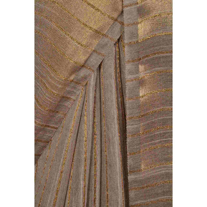 Isadora Life Womens Stripes Zari Beige Pre-Draped Saree With Unstitched Blouse