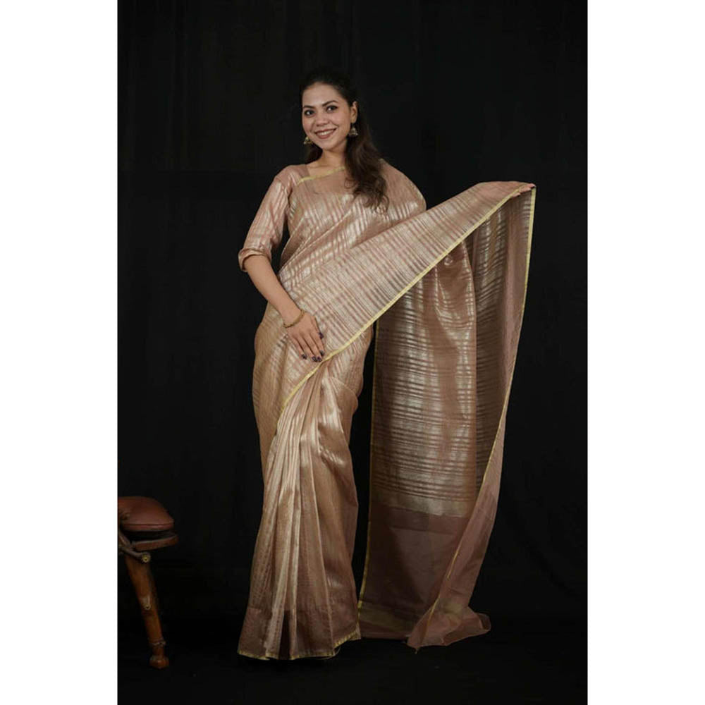 Isadora Life Womens Stripes Woven Beige Pre-Draped Saree With Unstitched Blouse
