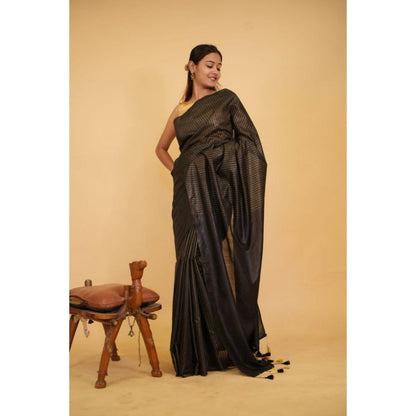 Isadora Life Womens Stripes Embroidered Black Pre-Draped Saree With Unstitched Blouse
