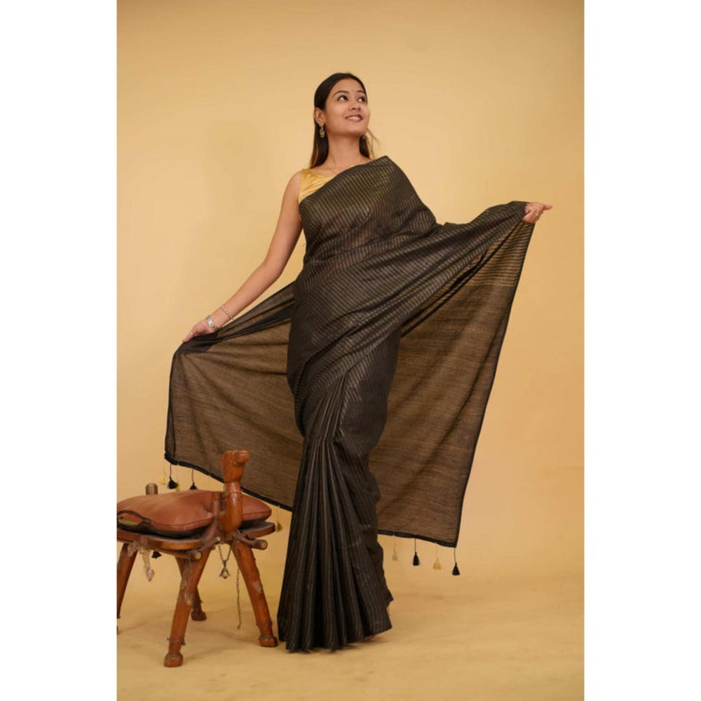 Isadora Life Womens Stripes Embroidered Black Pre-Draped Saree With Unstitched Blouse
