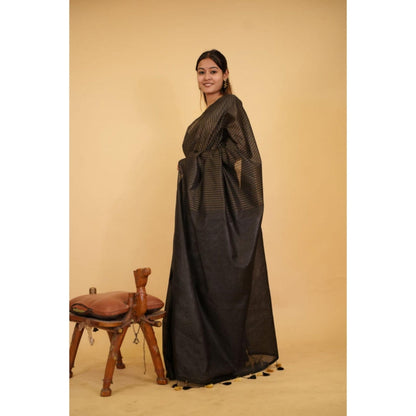 Isadora Life Womens Stripes Embroidered Black Pre-Draped Saree With Unstitched Blouse