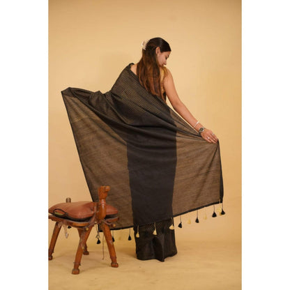 Isadora Life Womens Stripes Embroidered Black Pre-Draped Saree With Unstitched Blouse