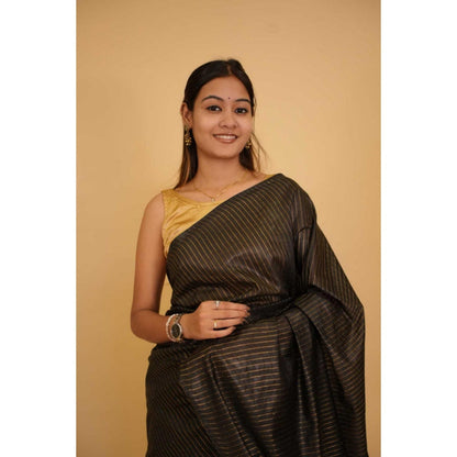 Isadora Life Womens Stripes Embroidered Black Pre-Draped Saree With Unstitched Blouse