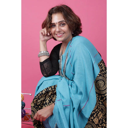 Isadora Life Womens Printed Blue Pre-Draped Saree With Unstitched Blouse