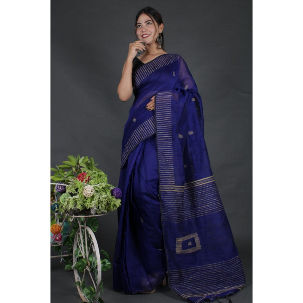 Isadora Life Womens Woven Tassels Navy Blue Pre-Draped Saree with Unstitched Blouse