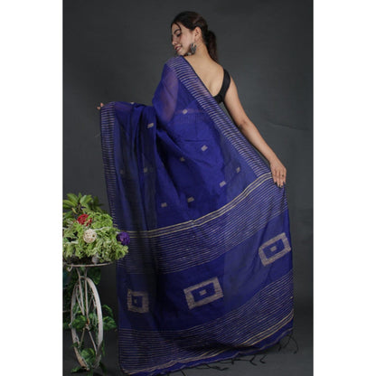 Isadora Life Womens Woven Tassels Navy Blue Pre-Draped Saree with Unstitched Blouse