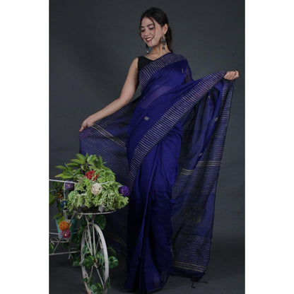 Isadora Life Womens Woven Tassels Navy Blue Pre-Draped Saree with Unstitched Blouse