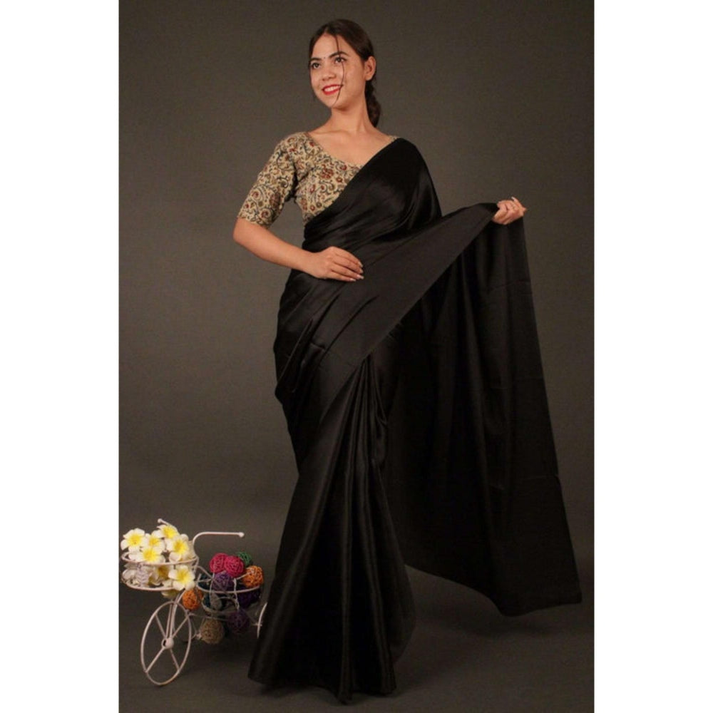 Isadora Life Womens Plain Black Pre-Draped Saree with Unstitched Blouse