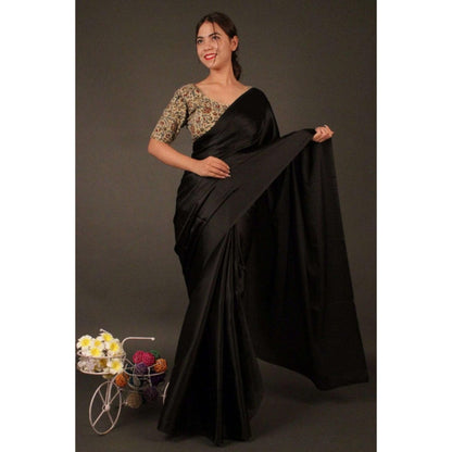 Isadora Life Womens Plain Black Pre-Draped Saree with Unstitched Blouse
