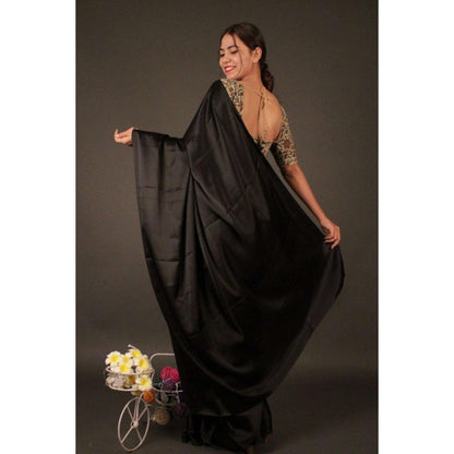 Isadora Life Womens Plain Black Pre-Draped Saree with Unstitched Blouse