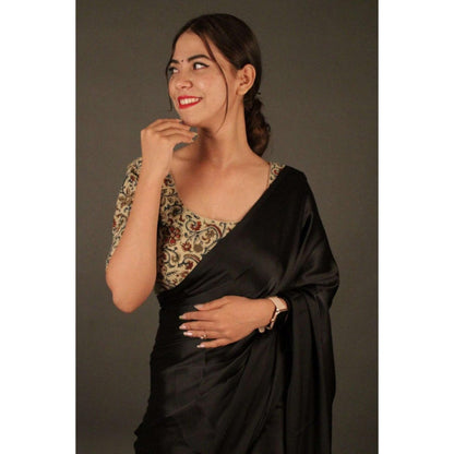 Isadora Life Womens Plain Black Pre-Draped Saree with Unstitched Blouse