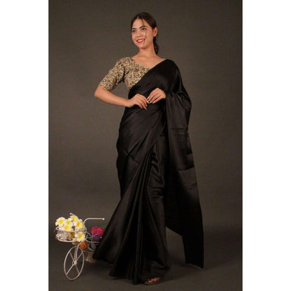 Isadora Life Womens Plain Black Pre-Draped Saree with Unstitched Blouse