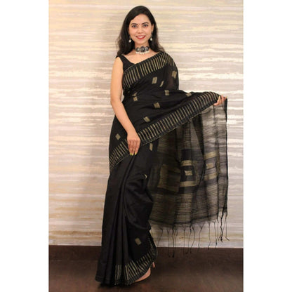 Isadora Life Womens Stripes Tassels Black Pre-Draped Saree with Unstitched Blouse