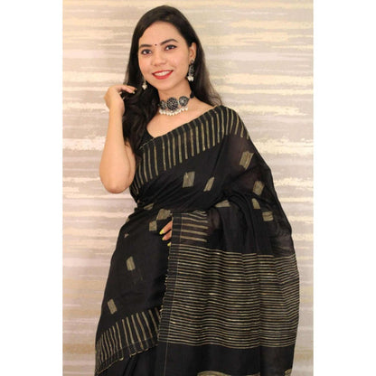 Isadora Life Womens Stripes Tassels Black Pre-Draped Saree with Unstitched Blouse
