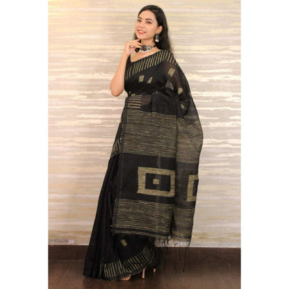 Isadora Life Womens Stripes Tassels Black Pre-Draped Saree with Unstitched Blouse