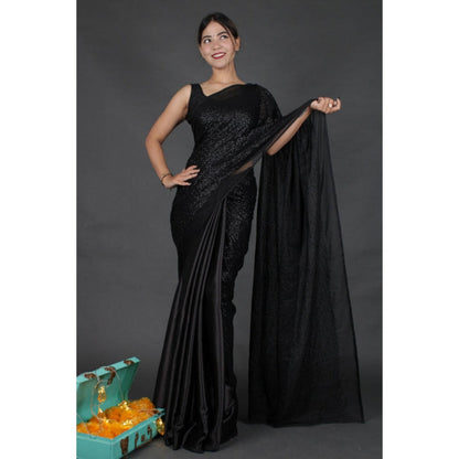Isadora Life Womens Sequined Black Pre-Draped Saree with Unstitched Blouse