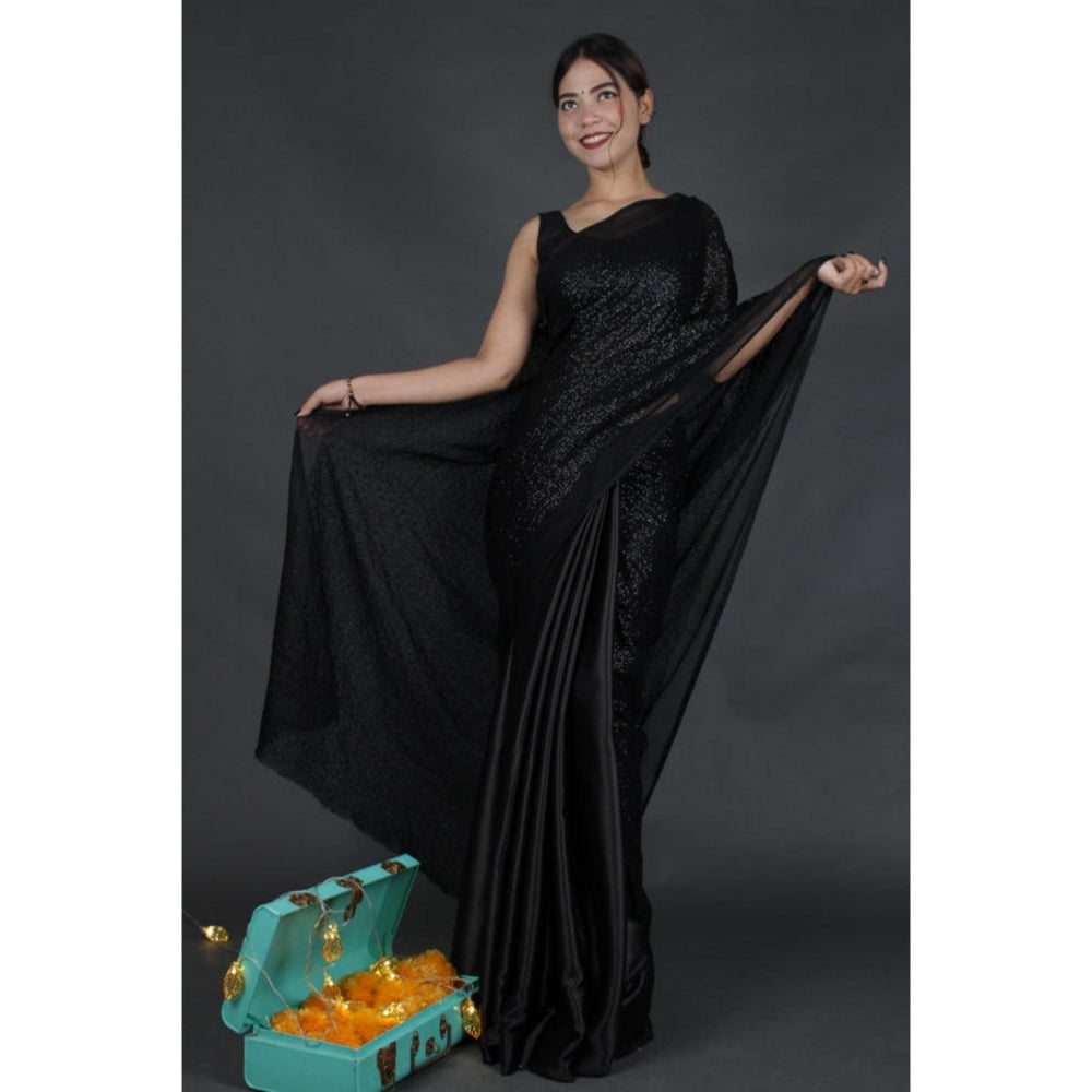 Isadora Life Womens Sequined Black Pre-Draped Saree with Unstitched Blouse