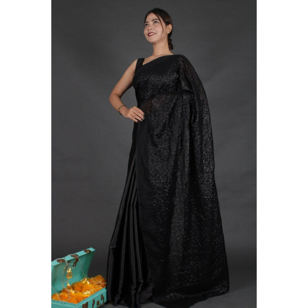Isadora Life Womens Sequined Black Pre-Draped Saree with Unstitched Blouse
