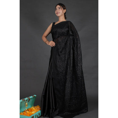 Isadora Life Womens Sequined Black Pre-Draped Saree with Unstitched Blouse