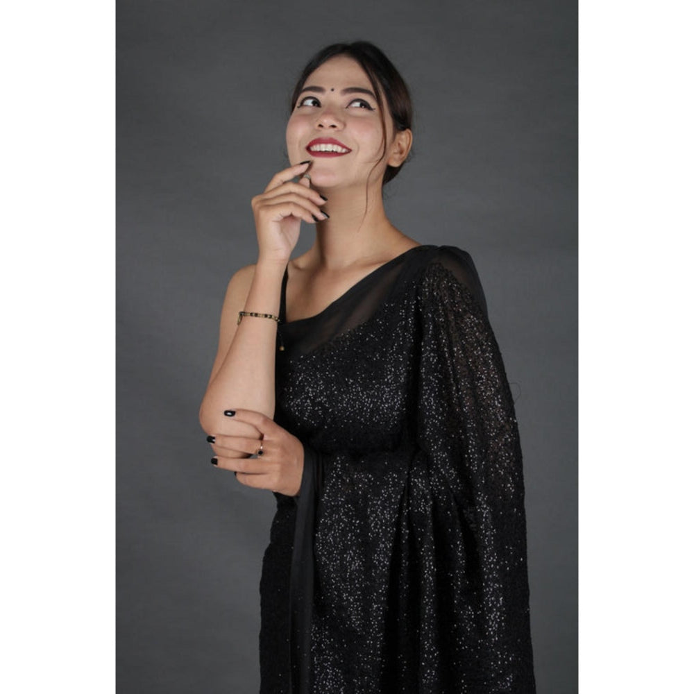 Isadora Life Womens Sequined Black Pre-Draped Saree with Unstitched Blouse