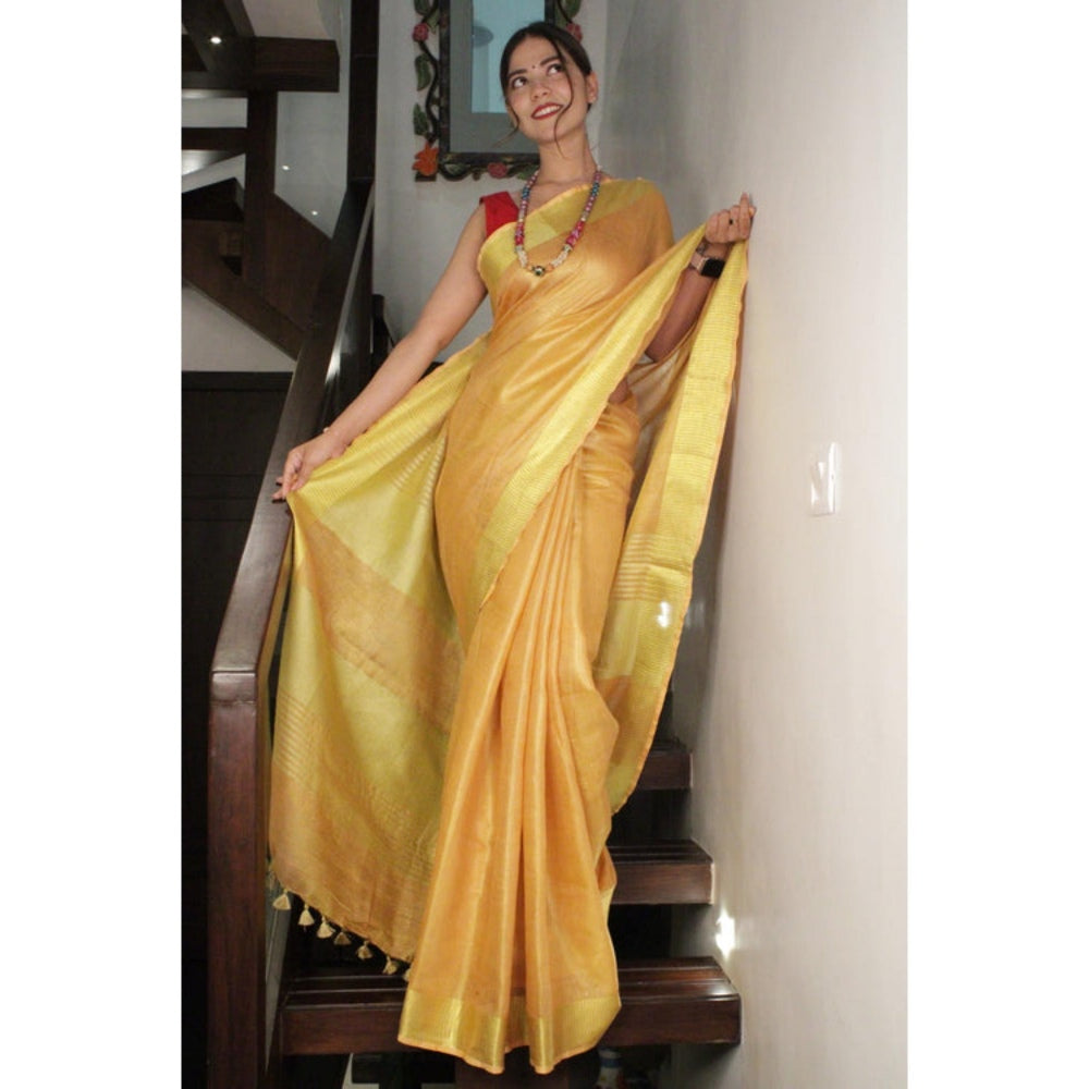 Isadora Life Womens Woven Tassels Yellow Pre-Draped Saree With Unstitched Blouse