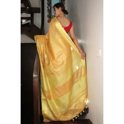 Isadora Life Womens Woven Tassels Yellow Pre-Draped Saree With Unstitched Blouse