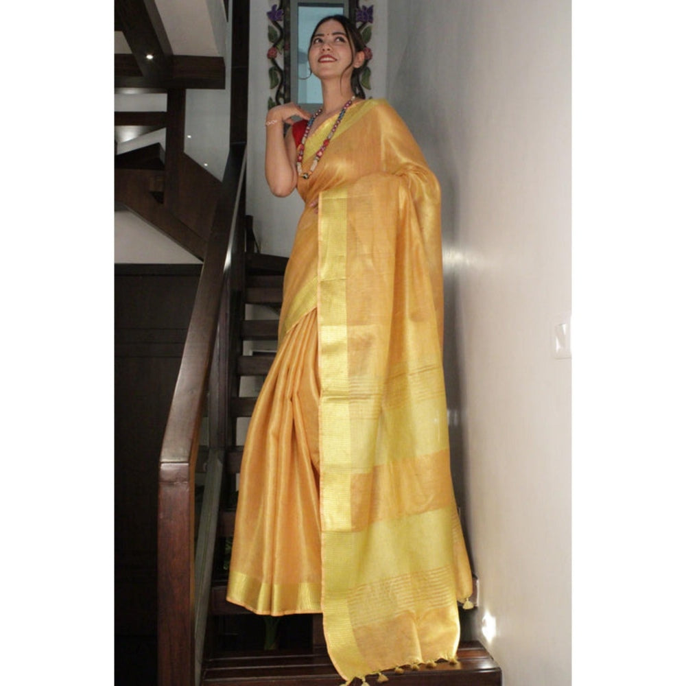 Isadora Life Womens Woven Tassels Yellow Pre-Draped Saree With Unstitched Blouse