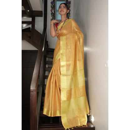 Isadora Life Womens Woven Tassels Yellow Pre-Draped Saree With Unstitched Blouse
